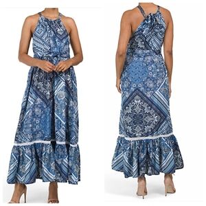 Lucky Brand Women's Halter Neck Flounce Hem Cotton Floral‎ Summer Maxi Dress L